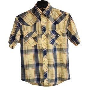 Vintage Rustler Western Shirt Mens Sz M Yellow Plaid Short Sleeve Pearl Snap